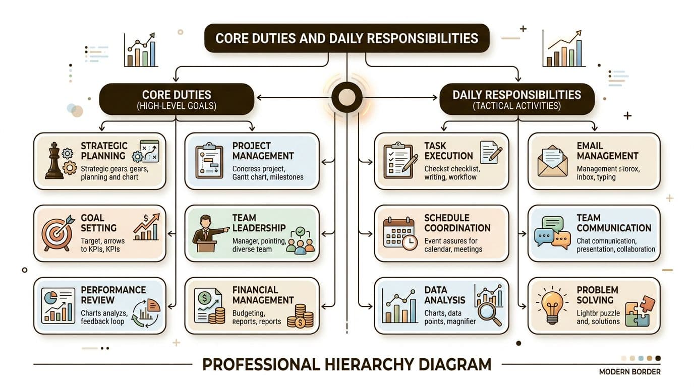 A professional hierarchy diagram showing the breakdown of core duties and daily responsibilities for management roles.