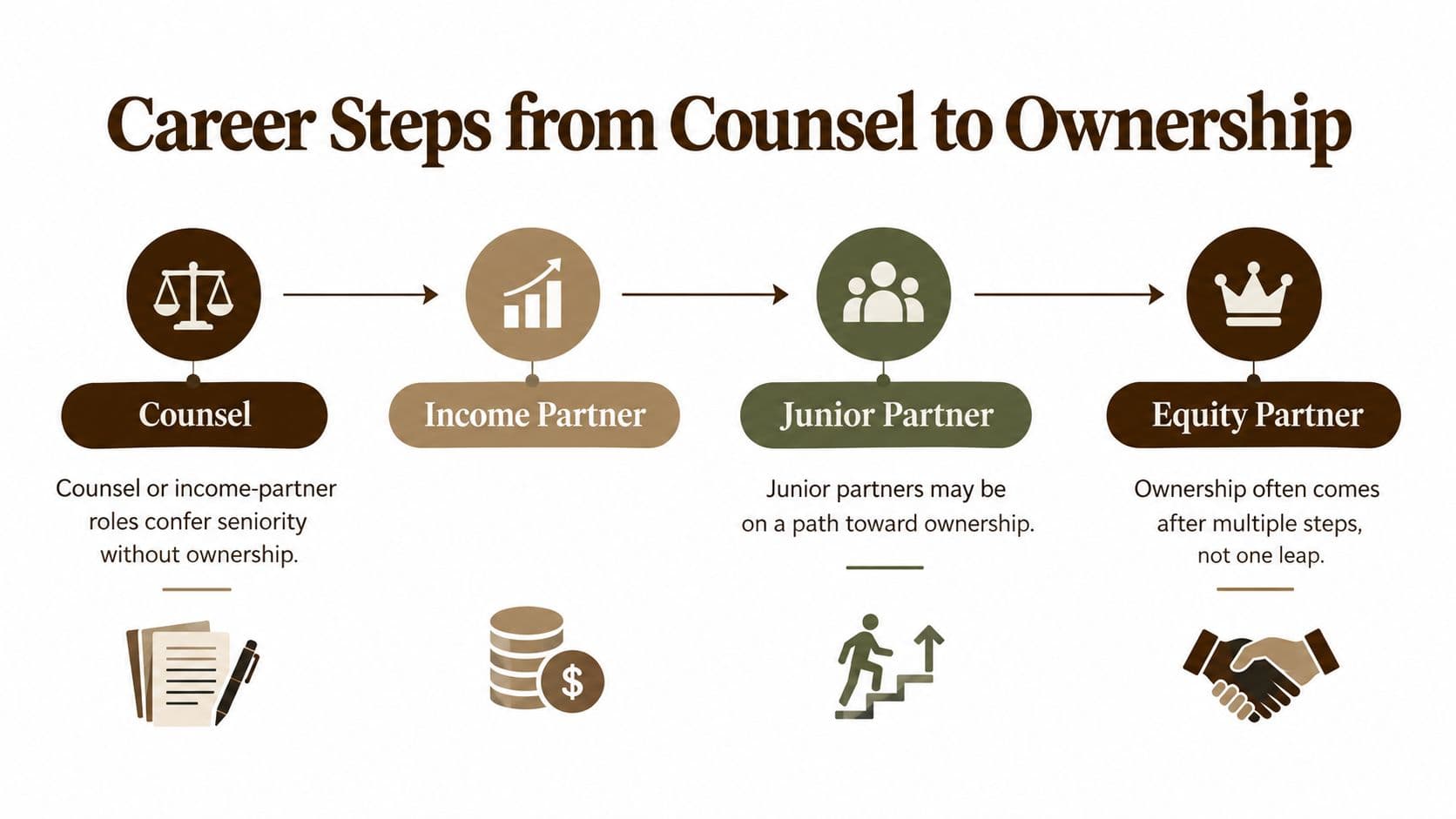 A diagram illustrating the career progression in a law firm from Counsel to Equity Partner roles.