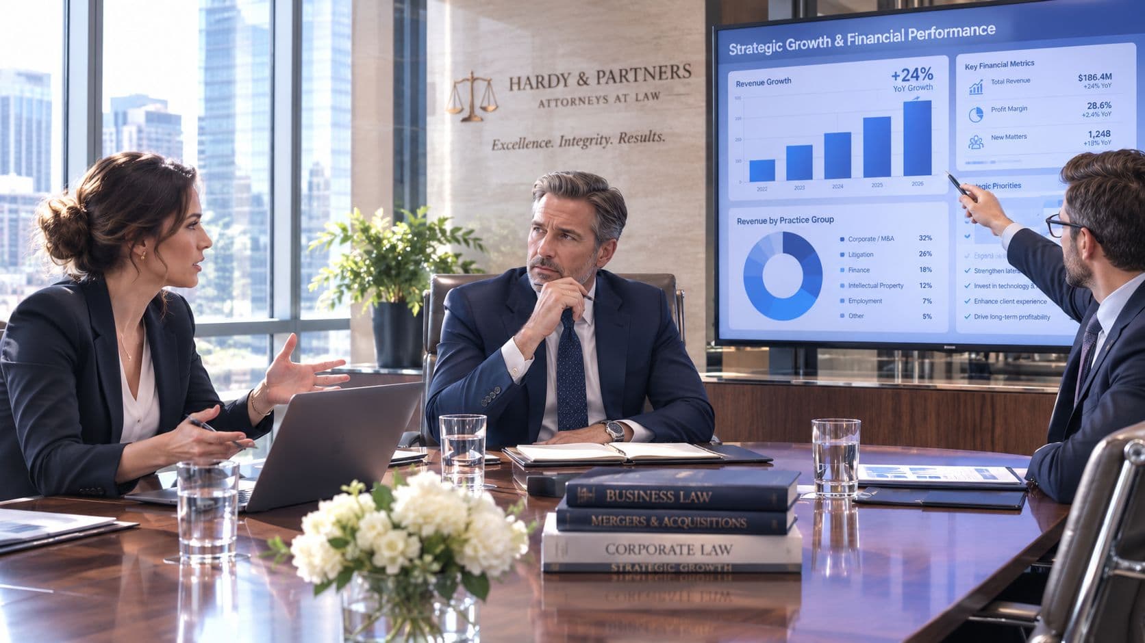 Three professional lawyers in a boardroom reviewing financial performance charts during a business meeting.
