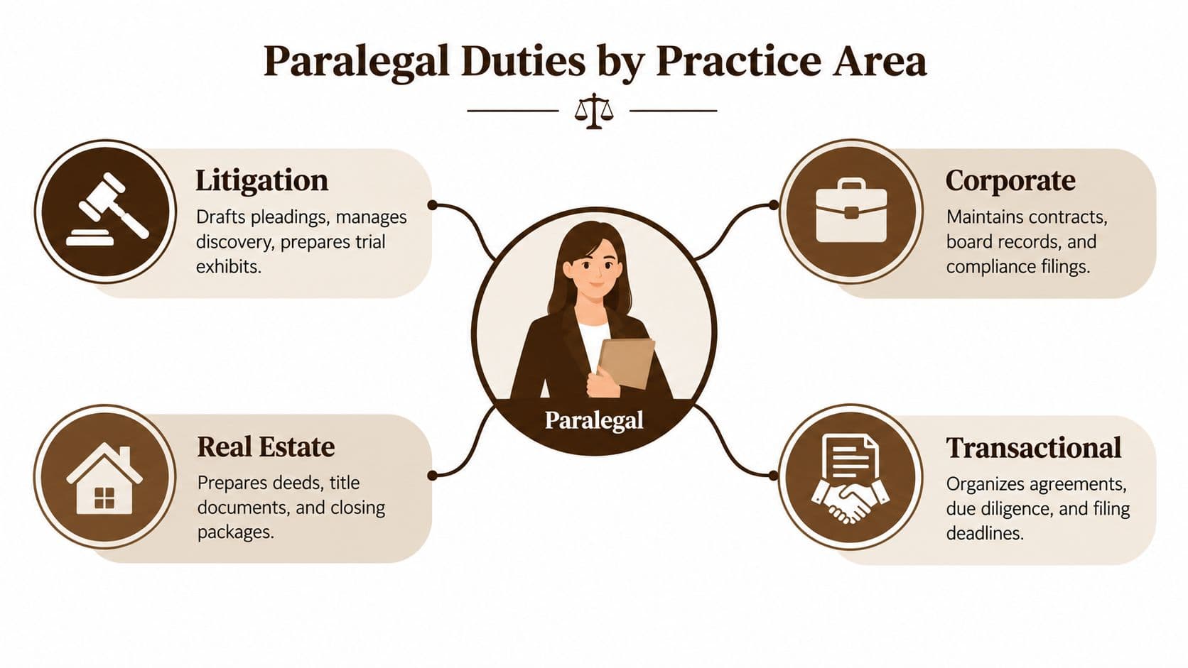 A diagram outlining the key responsibilities of a paralegal across four different legal practice areas.