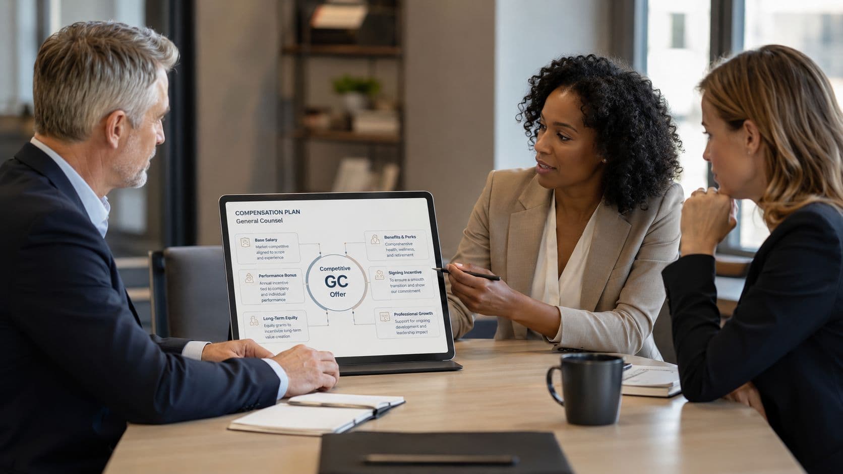 A professional meeting where three business colleagues discuss a compensation plan presentation on a laptop screen.