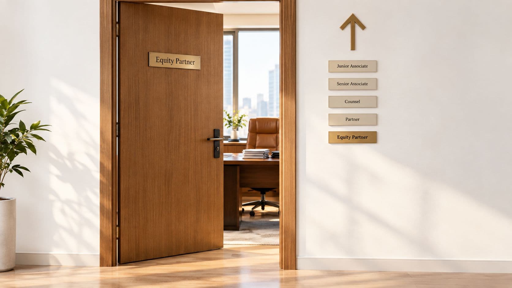 An office hallway with an open door labeled Equity Partner and a sign listing law firm positions.