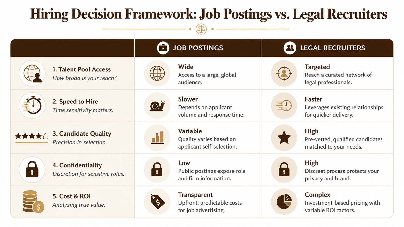 A comparison table outlining key differences between utilizing job postings and legal recruiters for hiring needs.