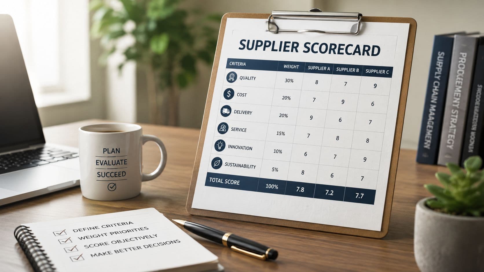 A clipboard showing a supplier scorecard table with evaluation criteria on a professional office desk.
