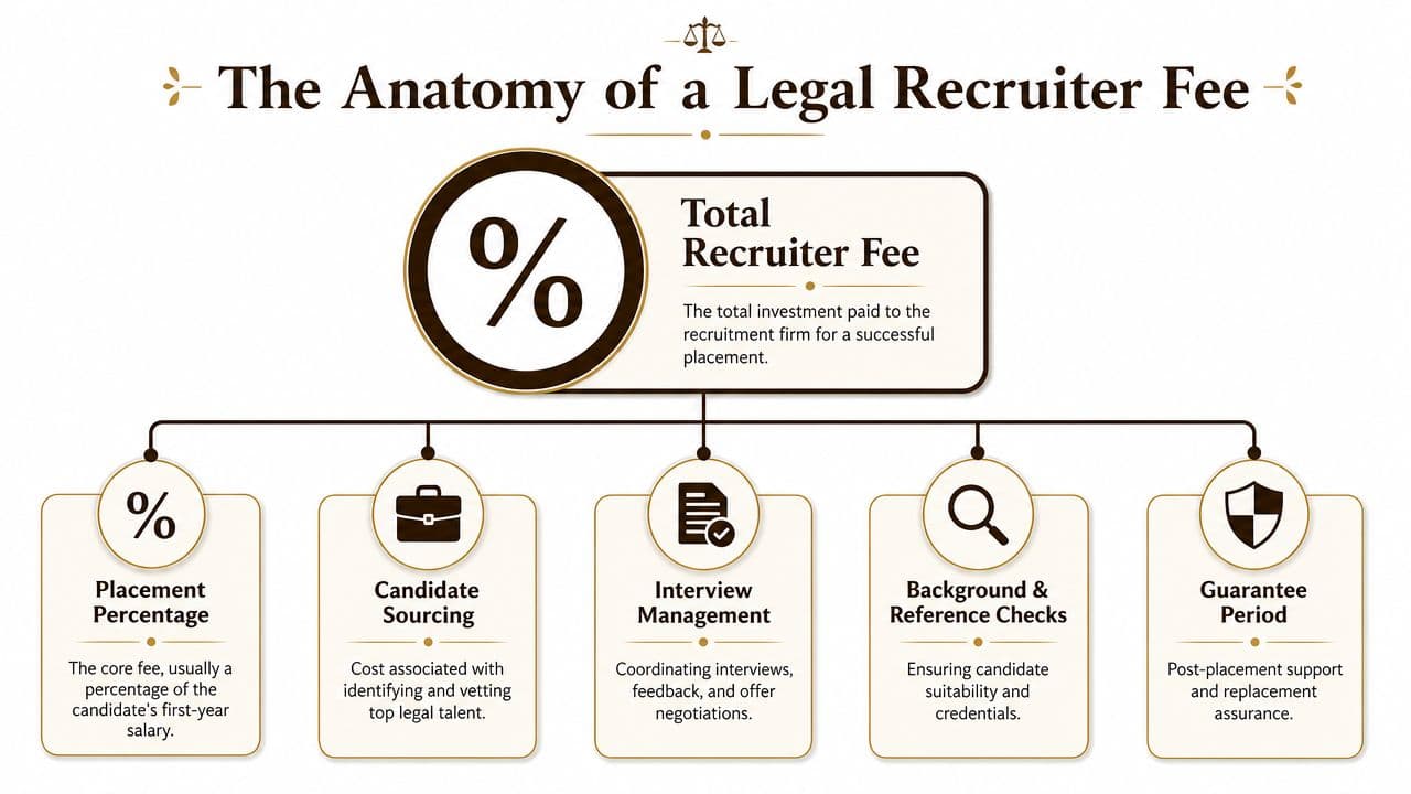 An infographic titled The Anatomy of a Legal Recruiter Fee breaking down the cost components of legal recruitment.