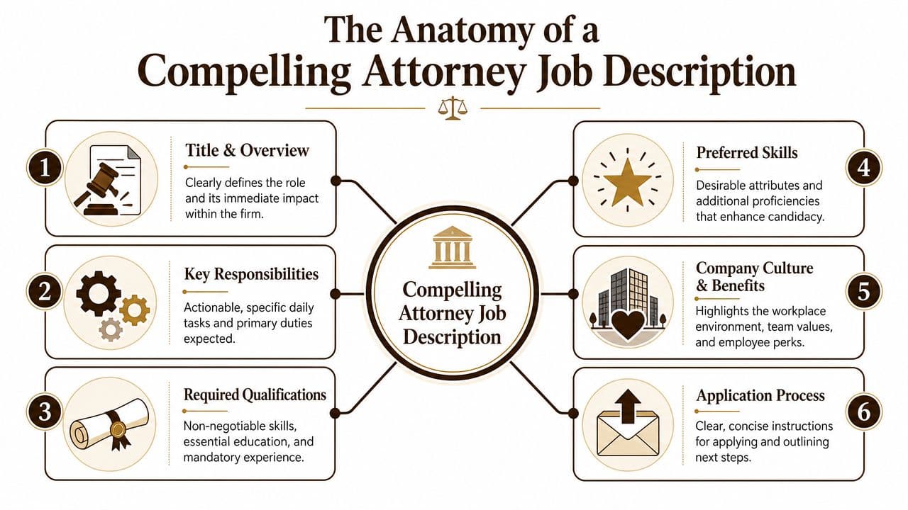 An infographic titled The Anatomy of a Compelling Attorney Job Description listing six essential components.