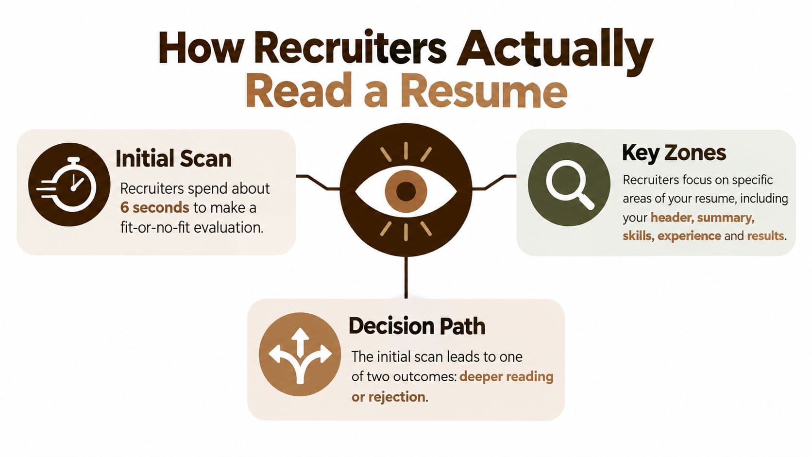 An infographic showing that recruiters spend six seconds scanning resumes, focusing on specific key zones for decision-making.