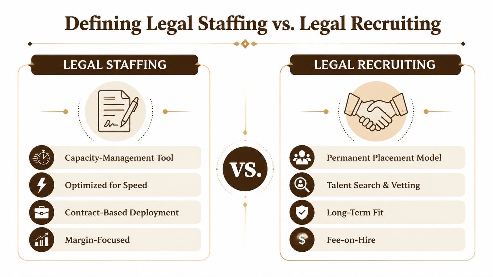 A comparison infographic showing the key differences between legal staffing and legal recruiting services.