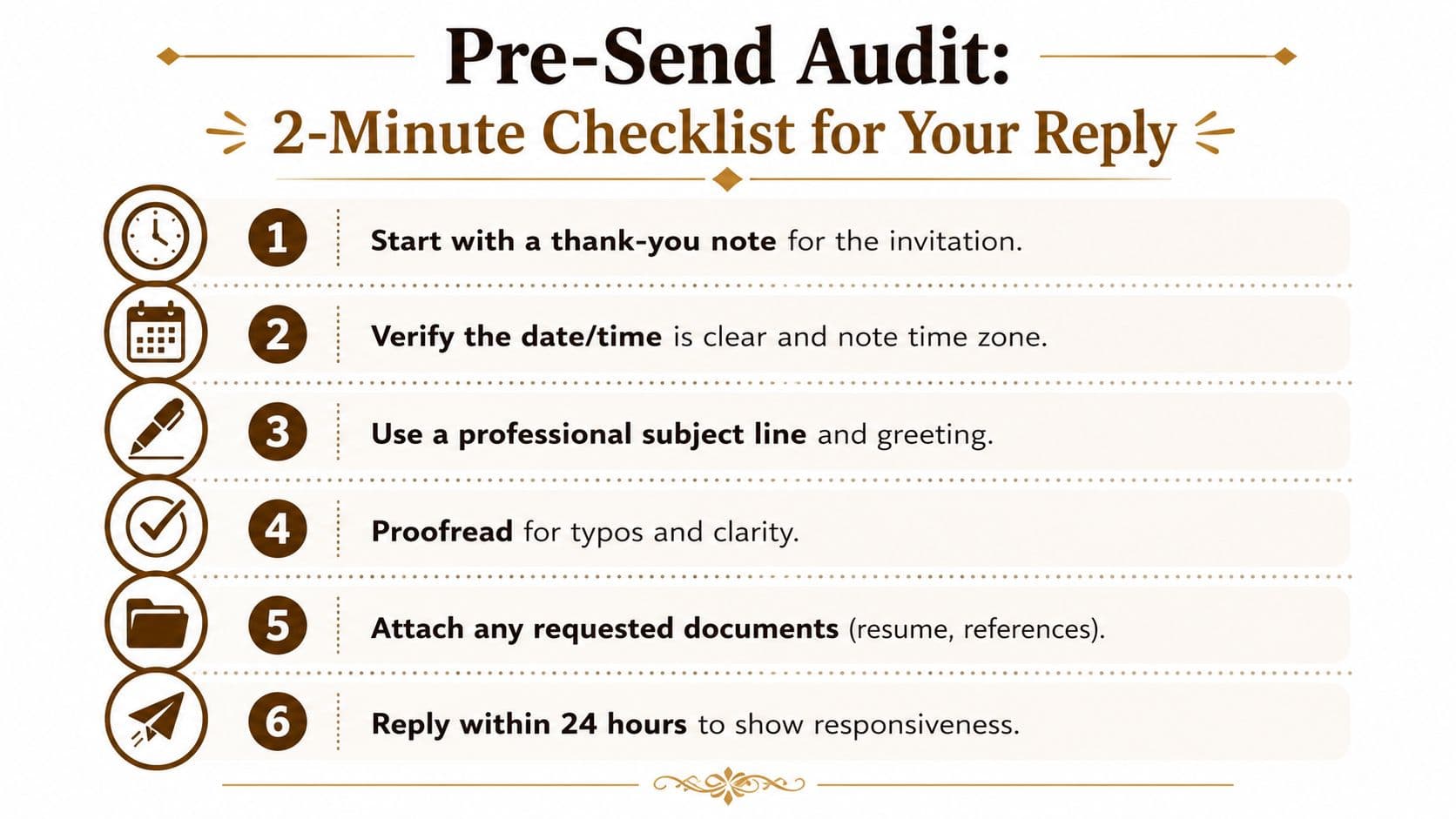 A six-step checklist infographic for professional email responses to job interview invitations and scheduling requests.