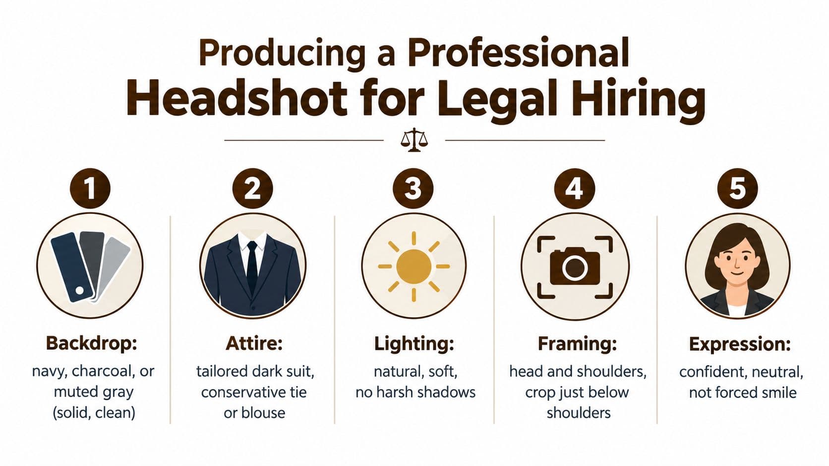 A professional infographic outlining five key steps to take for an effective legal career headshot.