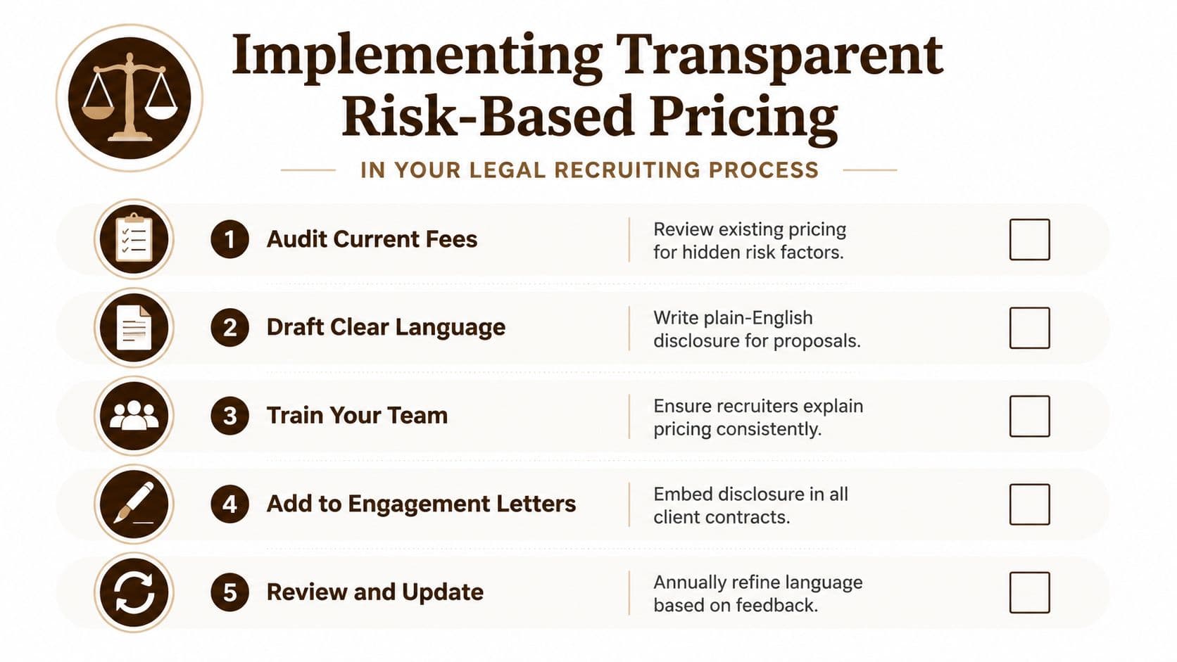 A five-step infographic guide for implementing transparent risk-based pricing in legal recruiting processes.
