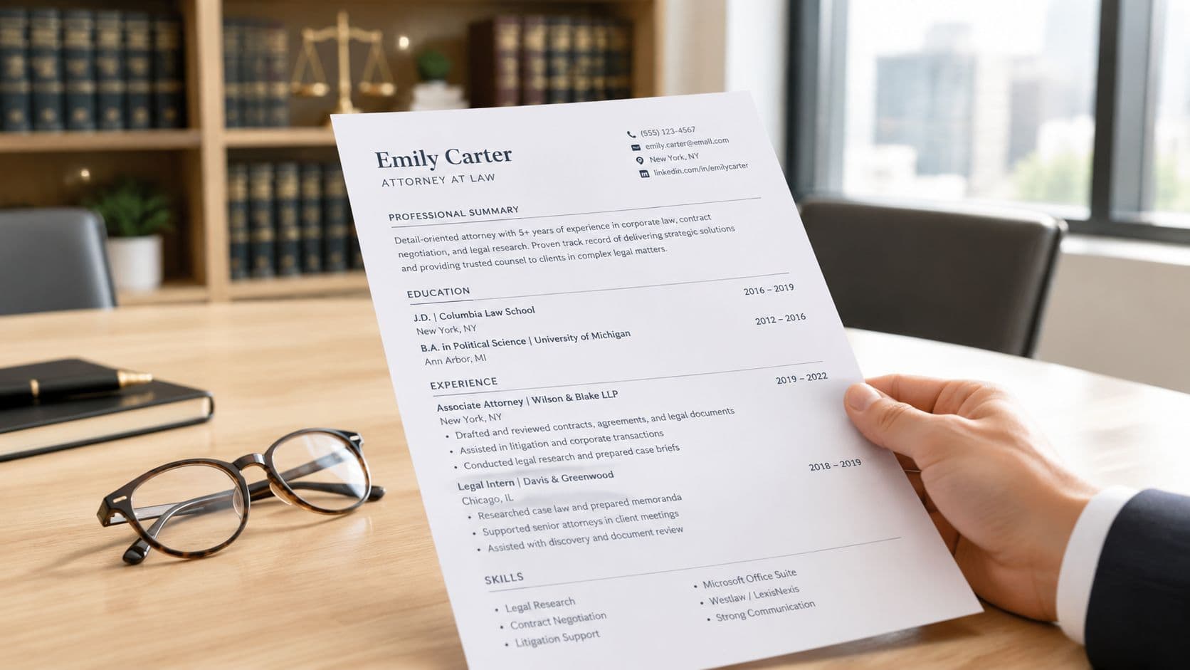 A professional holding a printed resume at a desk in a law office with books and glasses.