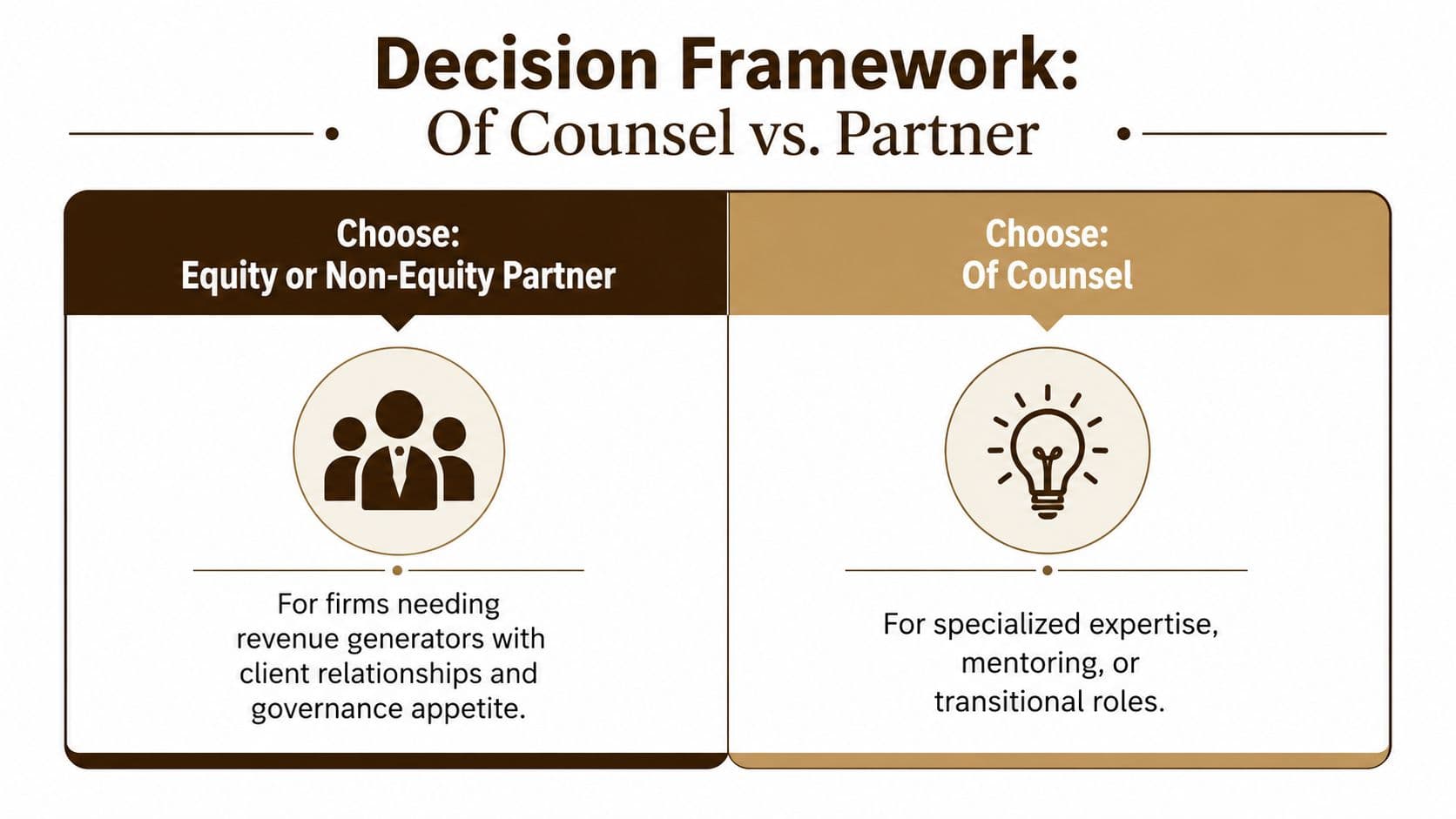 A decision framework chart comparing the roles of an equity partner against an of counsel position.