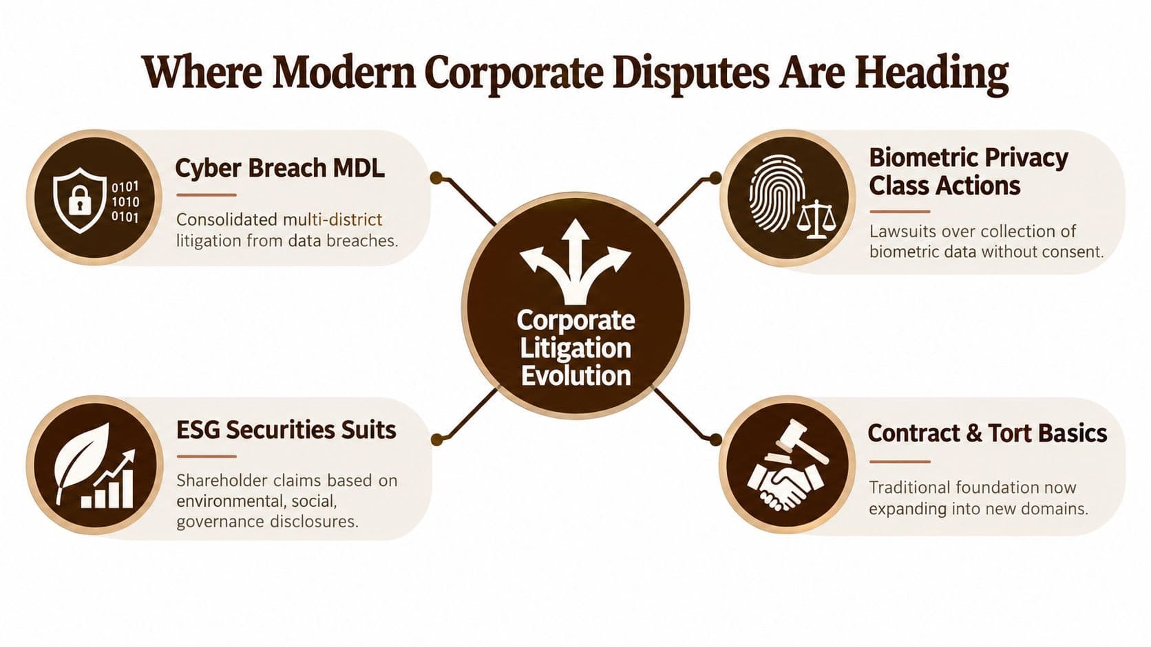 An infographic titled Where Modern Corporate Disputes Are Heading, showcasing four types of evolving corporate litigation trends.