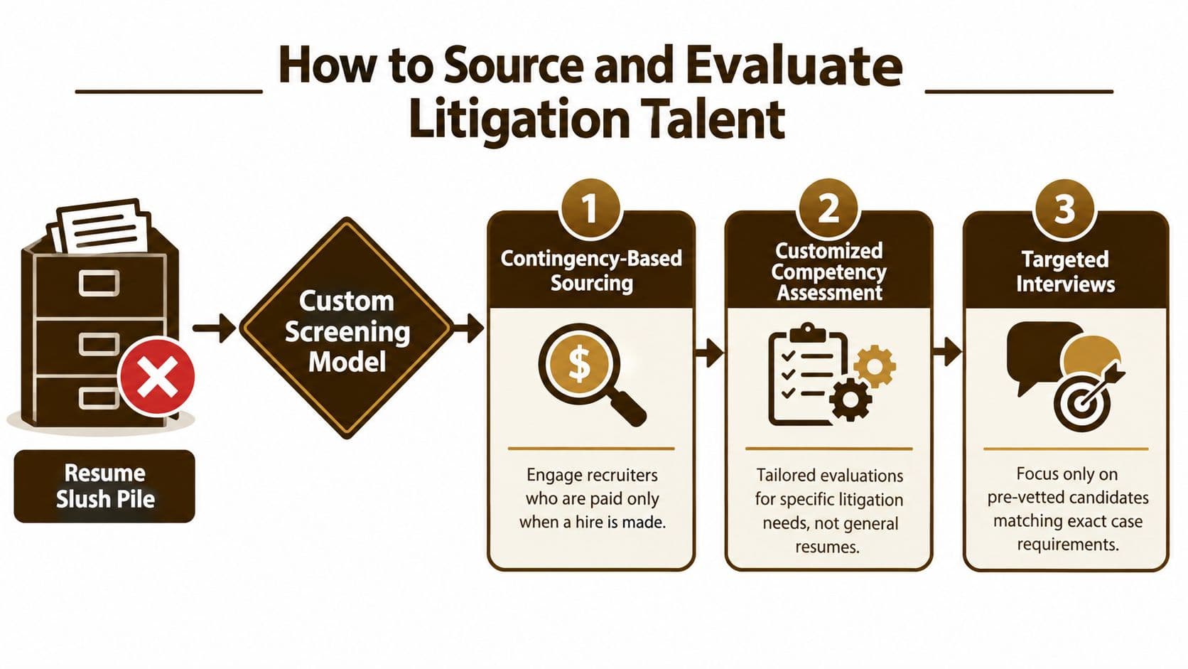An infographic showing a three-step process for sourcing and evaluating corporate litigation talent and legal professionals.