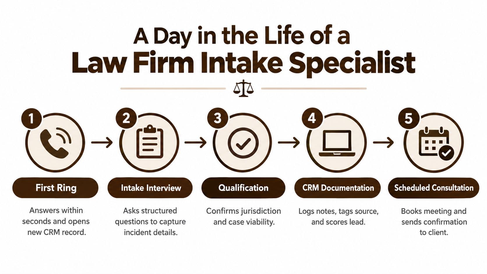 A five-step flowchart illustrating the workflow of a law firm intake specialist, from initial call to appointment.