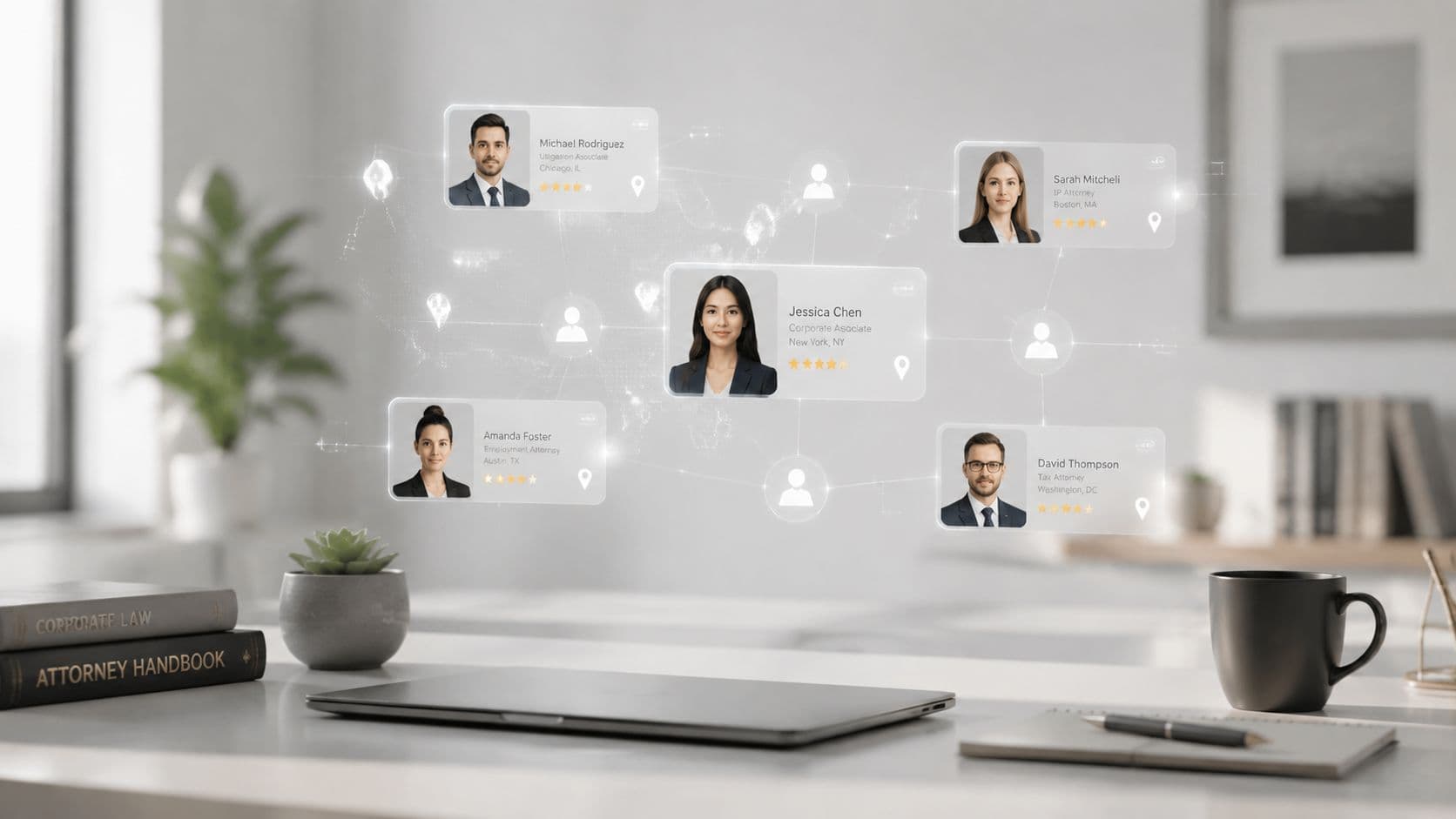 A digital networking interface showing headshots and professional details of diverse associate attorneys above a desk.