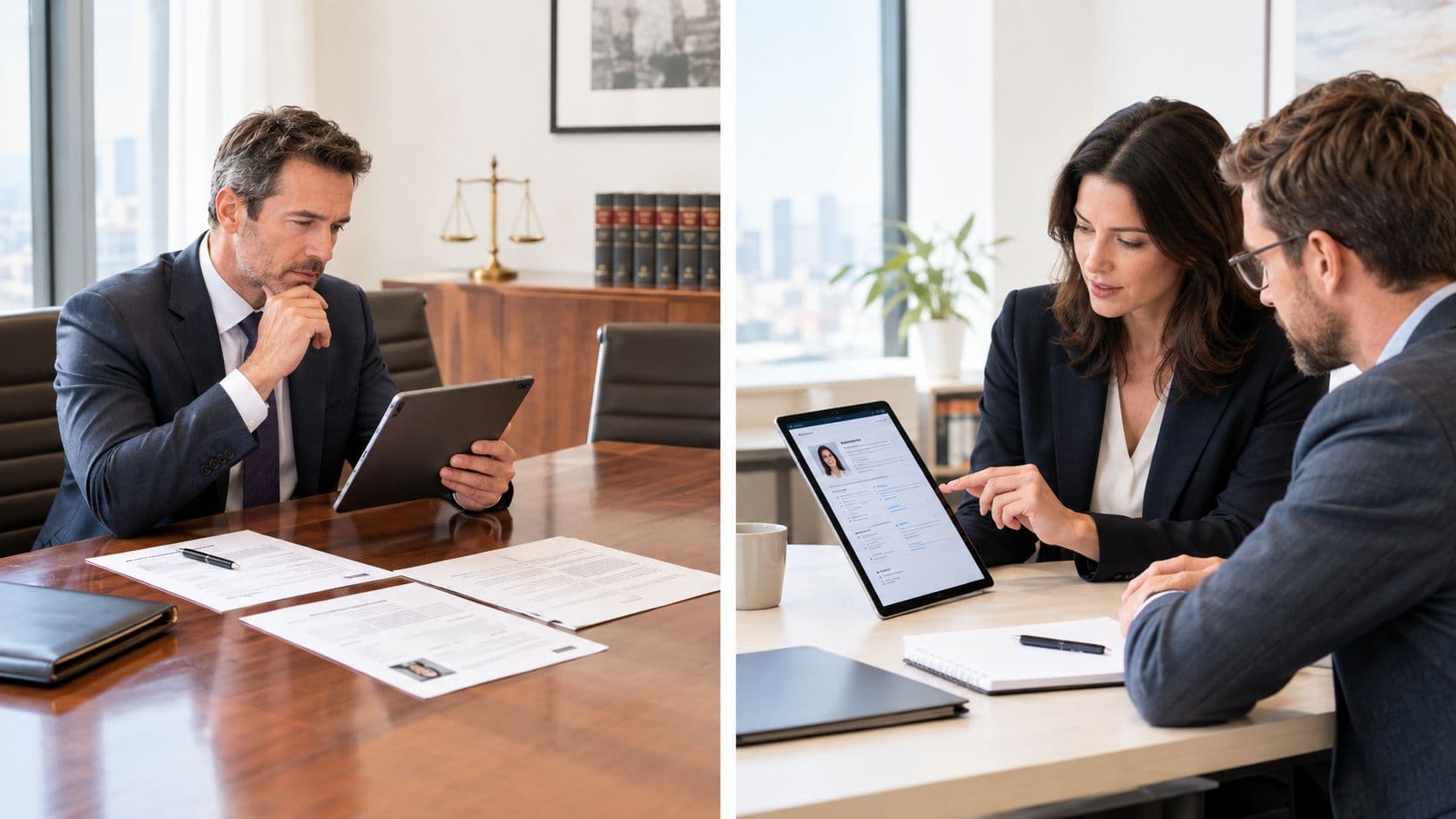 A professional legal search firm team reviewing candidate resumes on digital tablets and paper documents in an office.