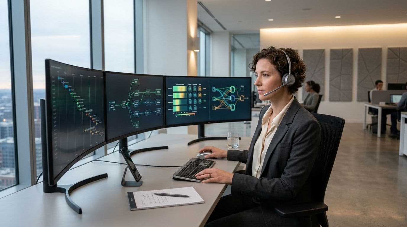 A professional litigation support specialist working at a desk with three monitors in a modern office.