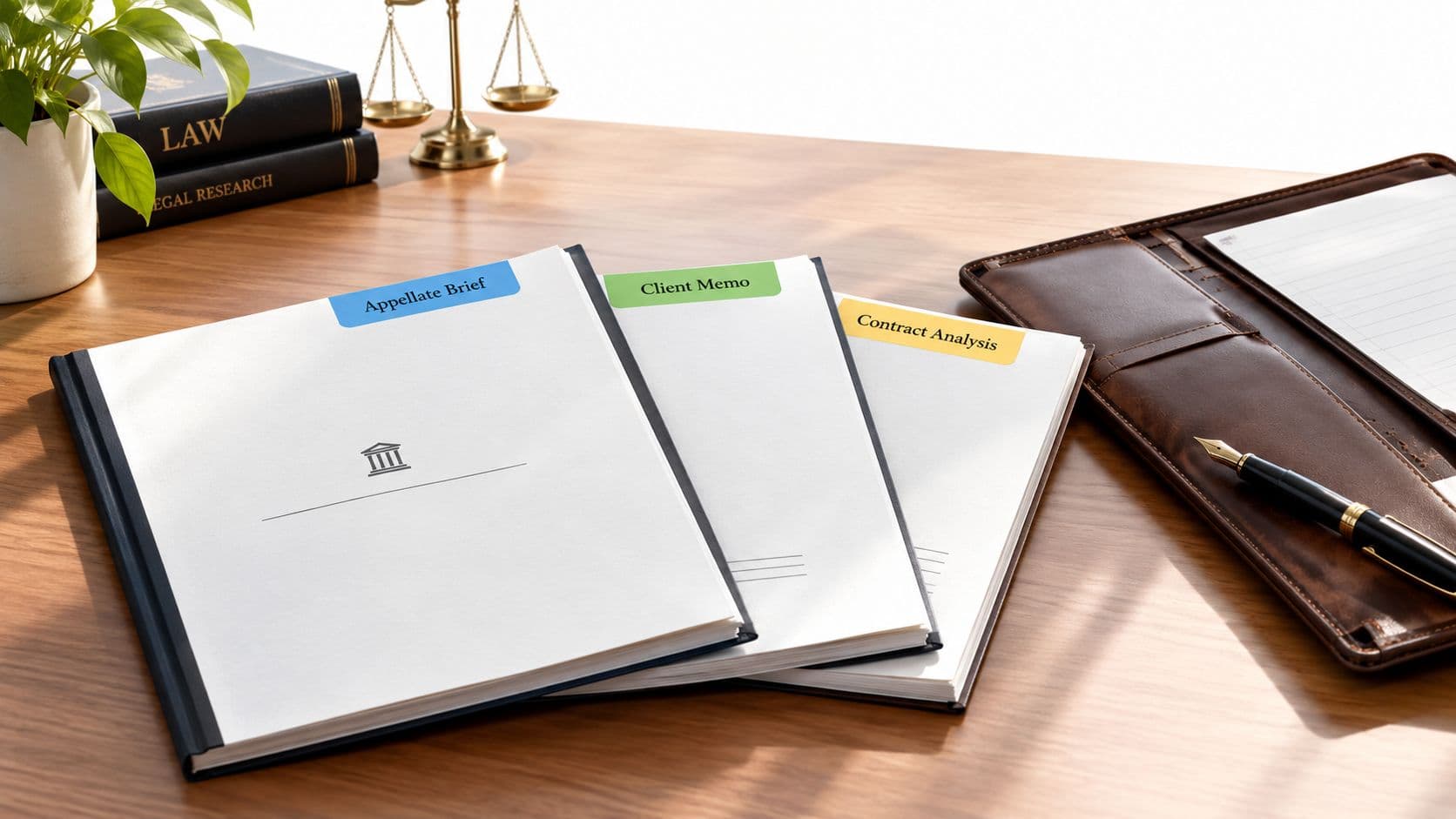 A professional wooden desk holding legal documents with colorful tabs, a fountain pen, and a law book.