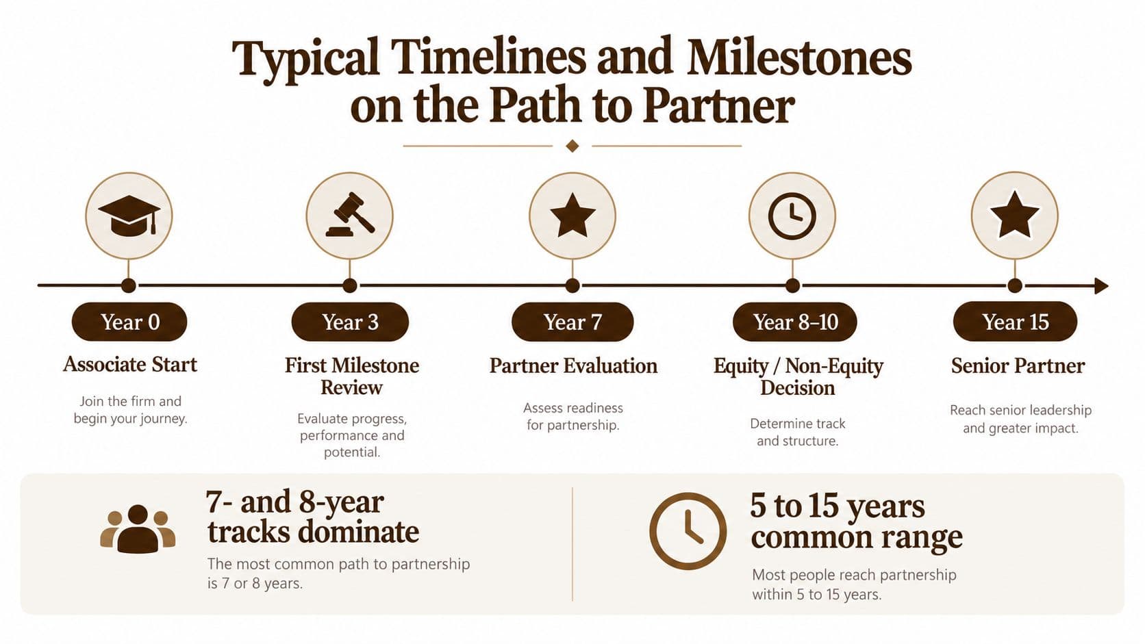 A timeline graphic showing typical career milestones and steps on the path to partnership at law firms.