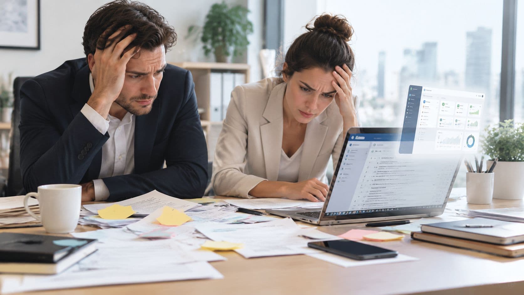 Stressed business professionals looking at a laptop screen filled with complex documents in a chaotic office workspace.