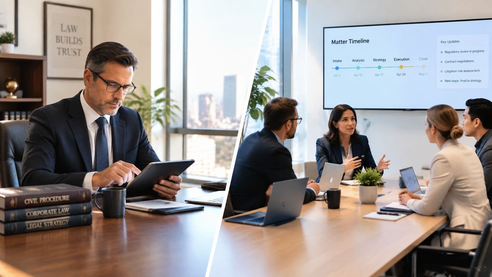 A professional law firm scene showing a solo lawyer working and a team meeting in a boardroom.