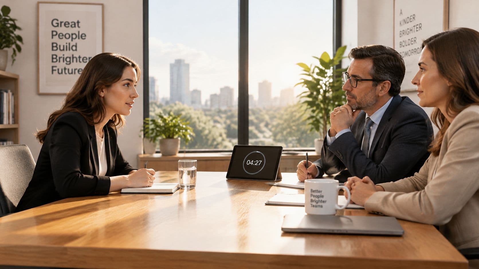 A professional woman participating in a job interview with two hiring managers in a bright office.