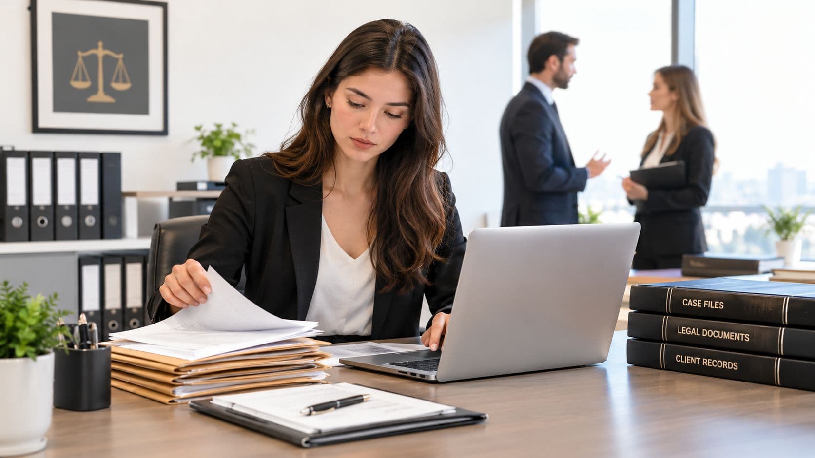 A professional female paralegal working on documents and a laptop in a busy modern law office environment.