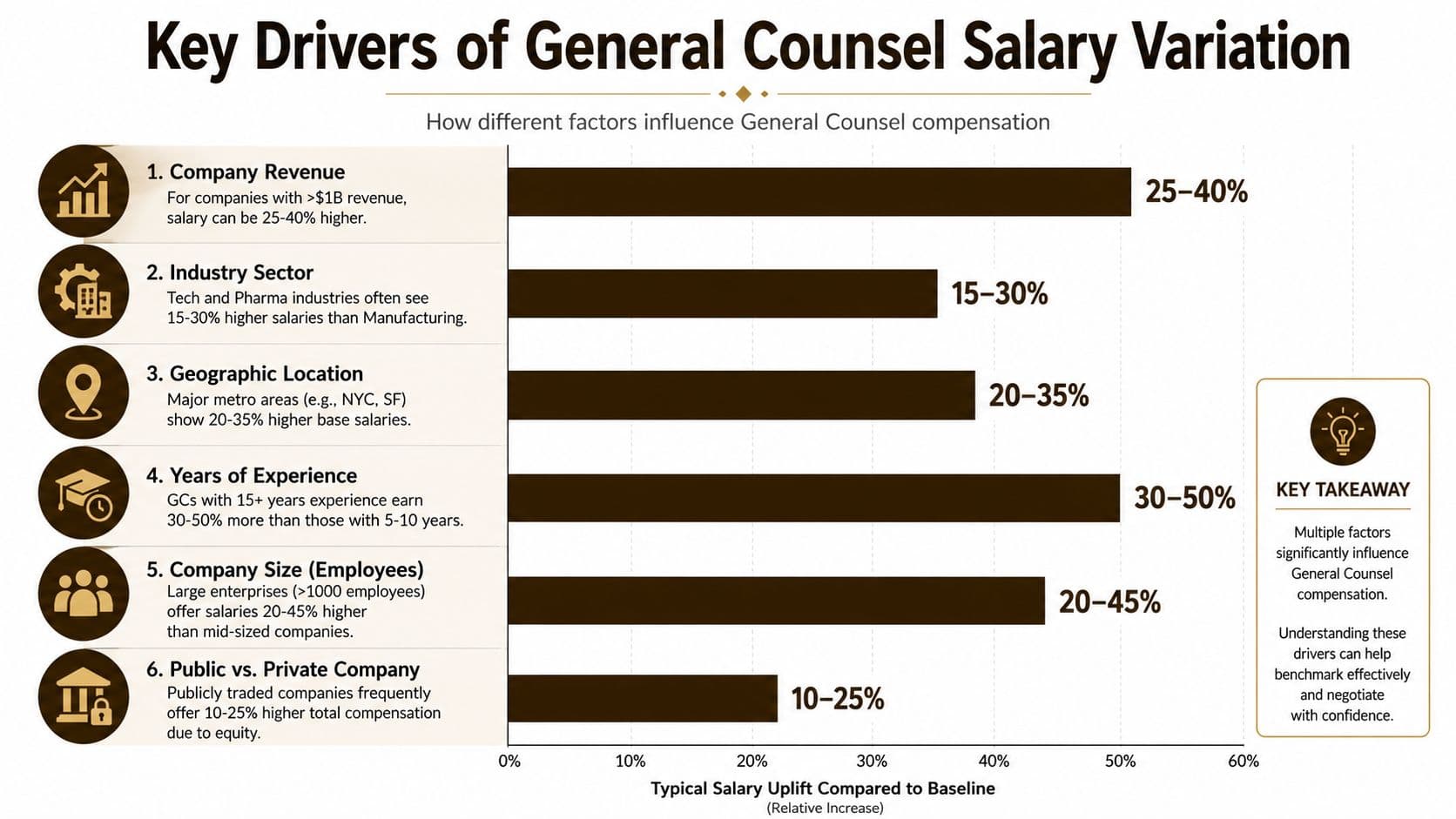 A horizontal bar chart illustrating six key drivers influencing General Counsel salary variation and compensation percentages.