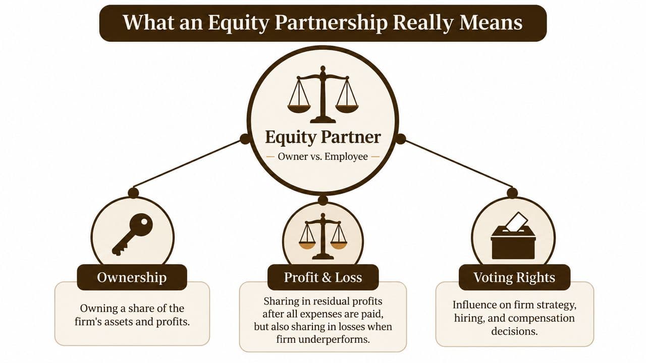 A diagram explaining an equity partnership, detailing ownership, profit and loss, and voting rights in business.