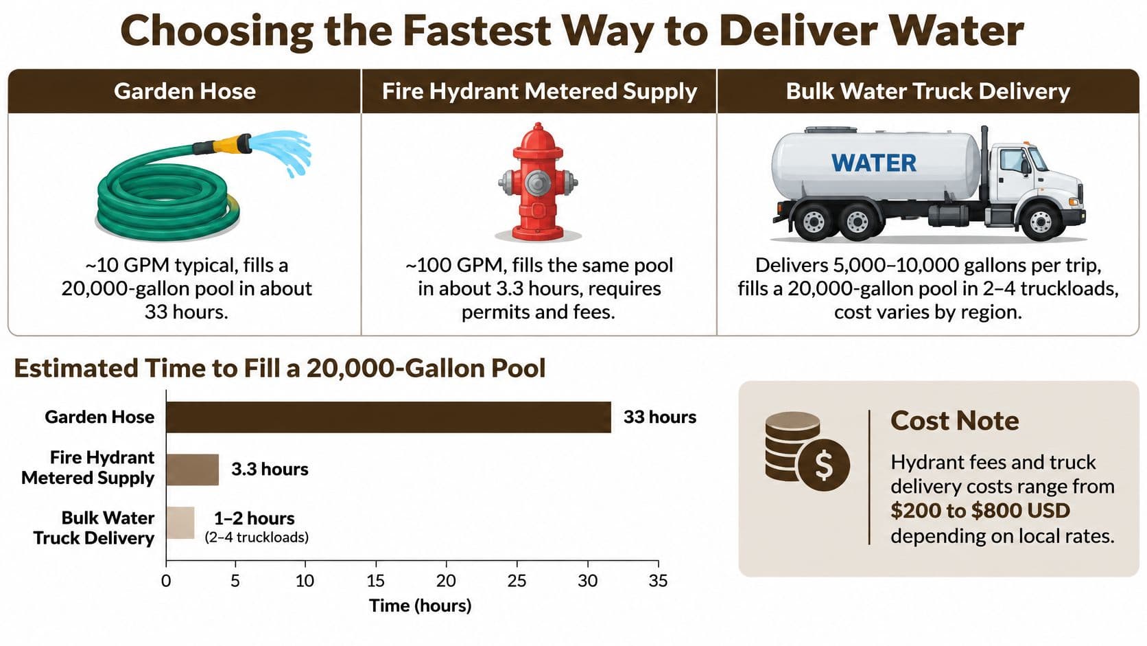 A comparison chart showing the time required to fill a 20,000-gallon swimming pool using different water delivery methods.