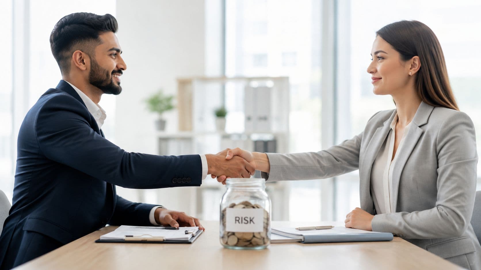 A professional man and woman shaking hands over a jar labeled risk during a business meeting.