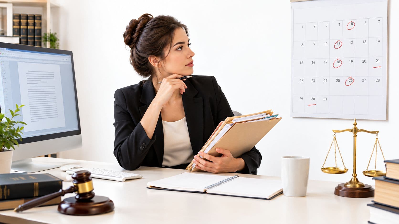 A professional woman in a business suit holding folders while looking at a calendar in her office.