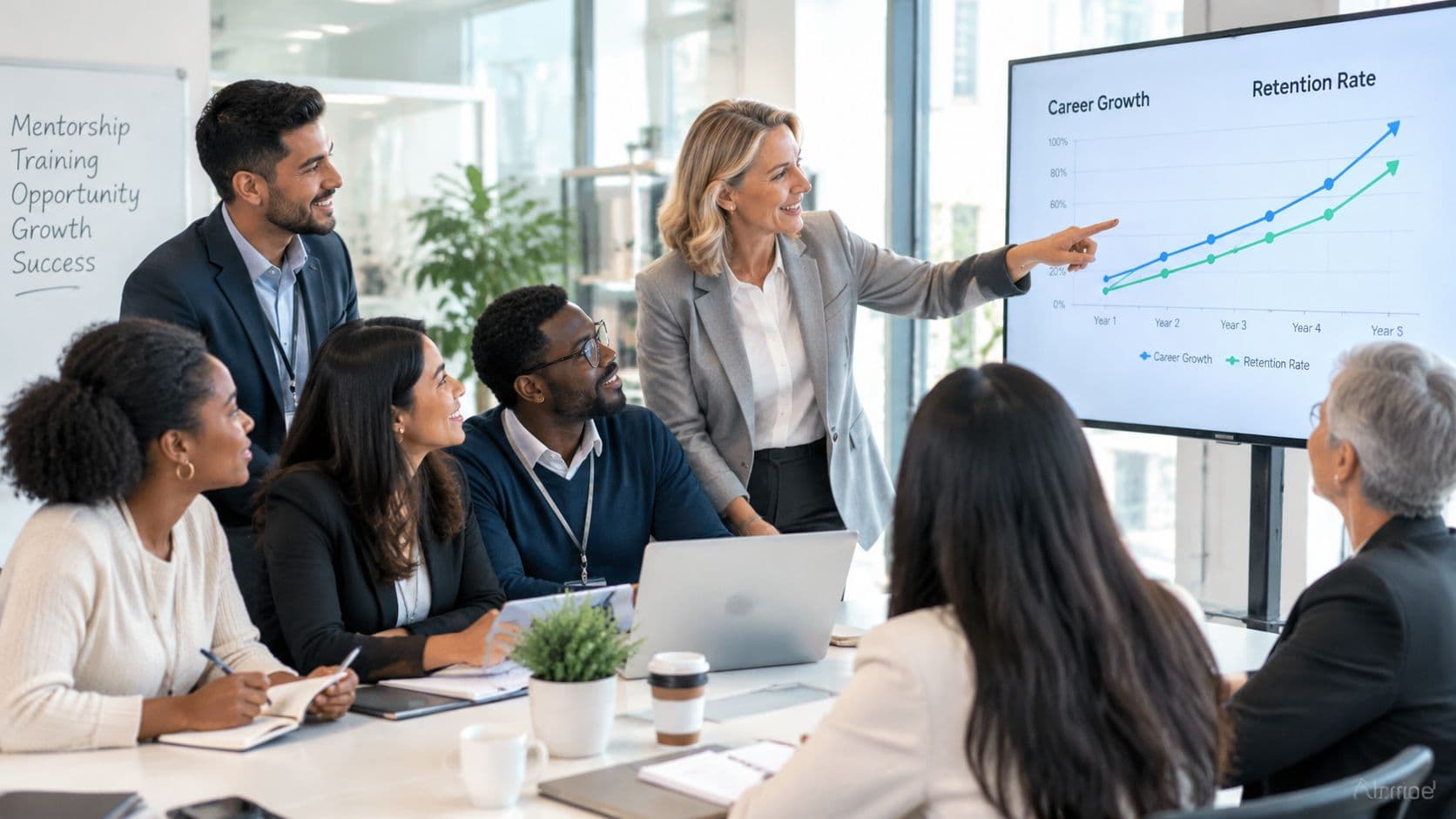 Professional team of diverse colleagues collaborating during a business meeting in a modern corporate office setting.