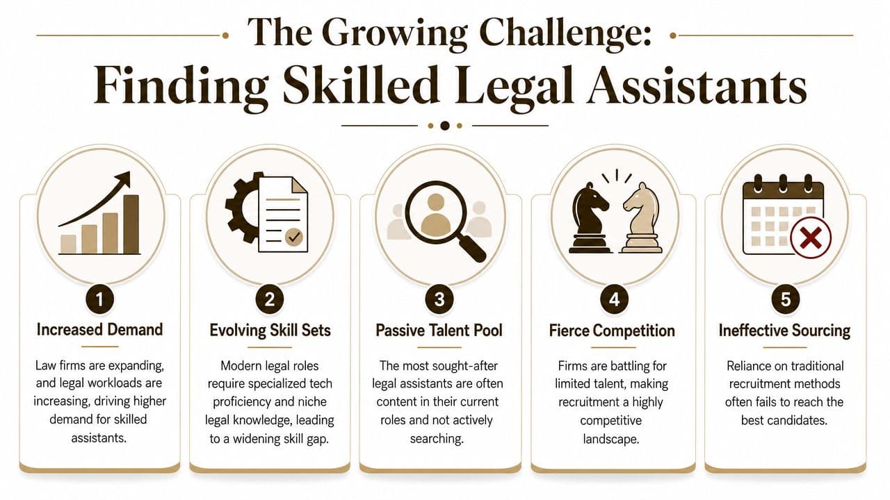 An infographic detailing five key challenges in finding and recruiting skilled legal assistants for law firms.