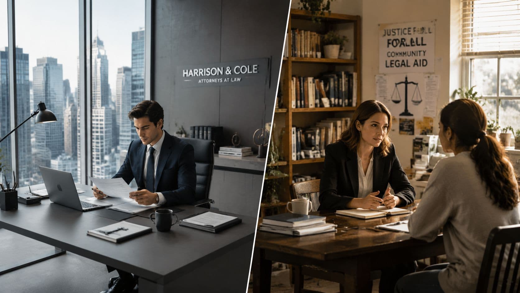 A split screen comparing a corporate lawyer in a modern office with a community legal aid attorney.