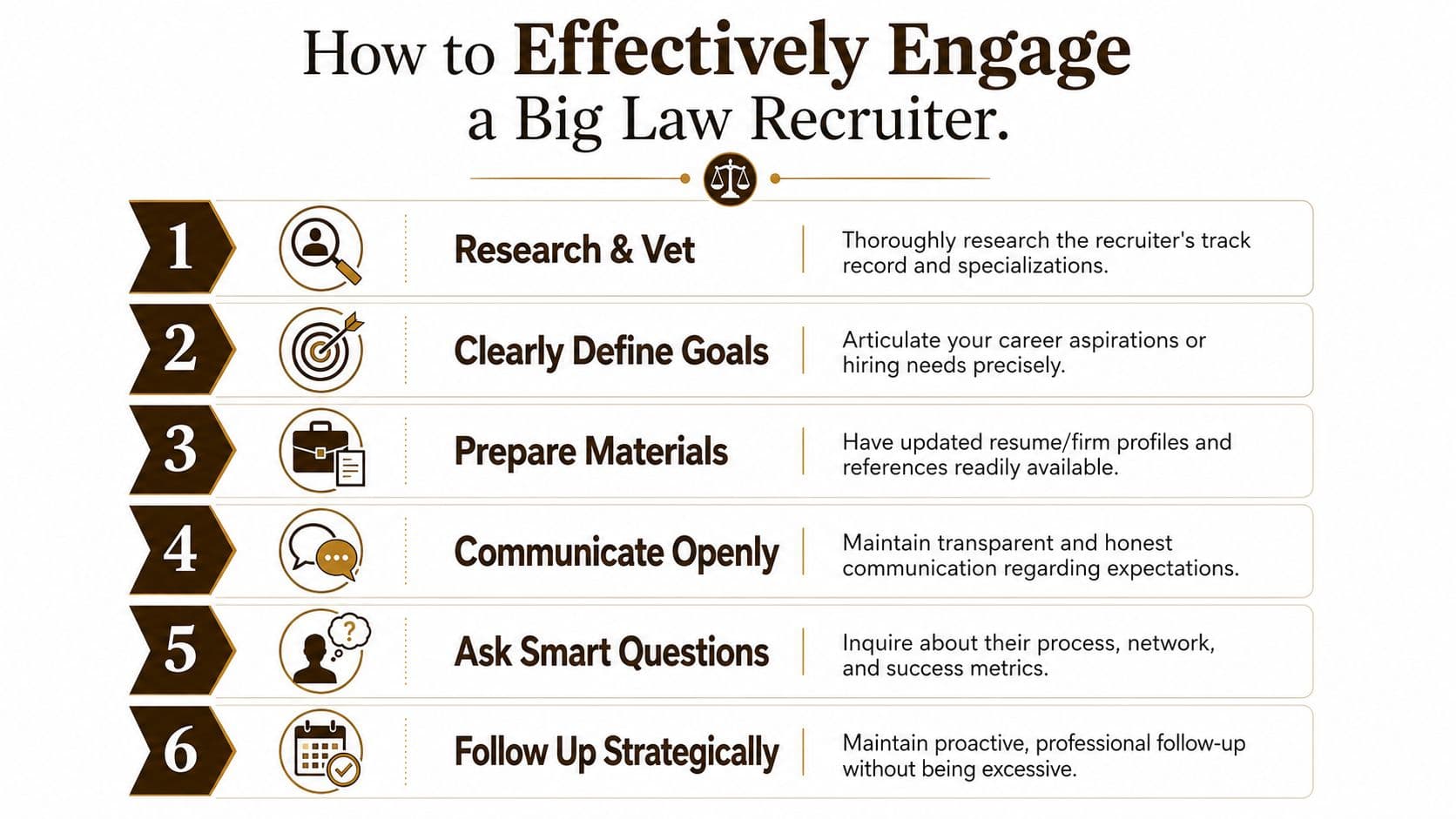 A six-step guide infographic illustrating how to effectively engage with a professional Big Law recruiter.