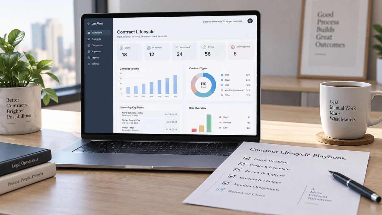 A modern office desk featuring a laptop displaying a contract management dashboard, stationery, and a coffee mug.