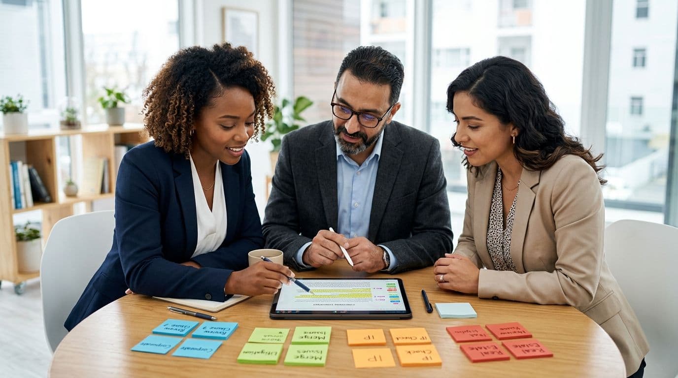 Three professional colleagues collaborating around a tablet and sticky notes during a business meeting in an office.