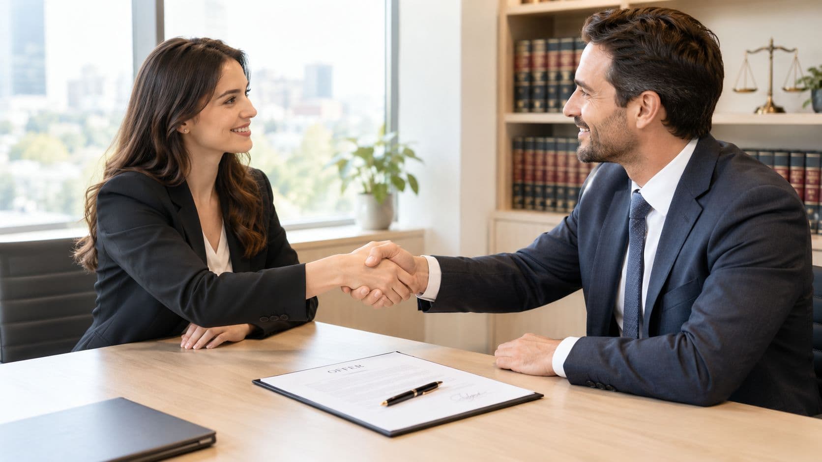 A professional woman and man in suits shaking hands over a job offer at an office desk.
