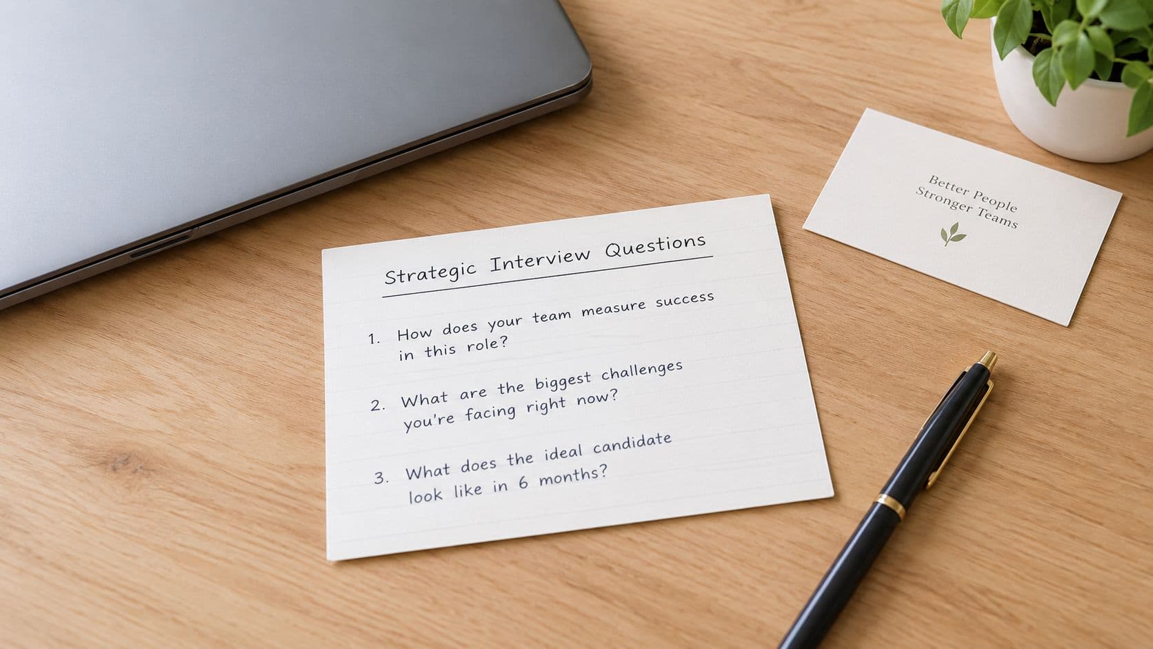 A top-down view of a notepad listing strategic interview questions on a wooden office desk workspace.