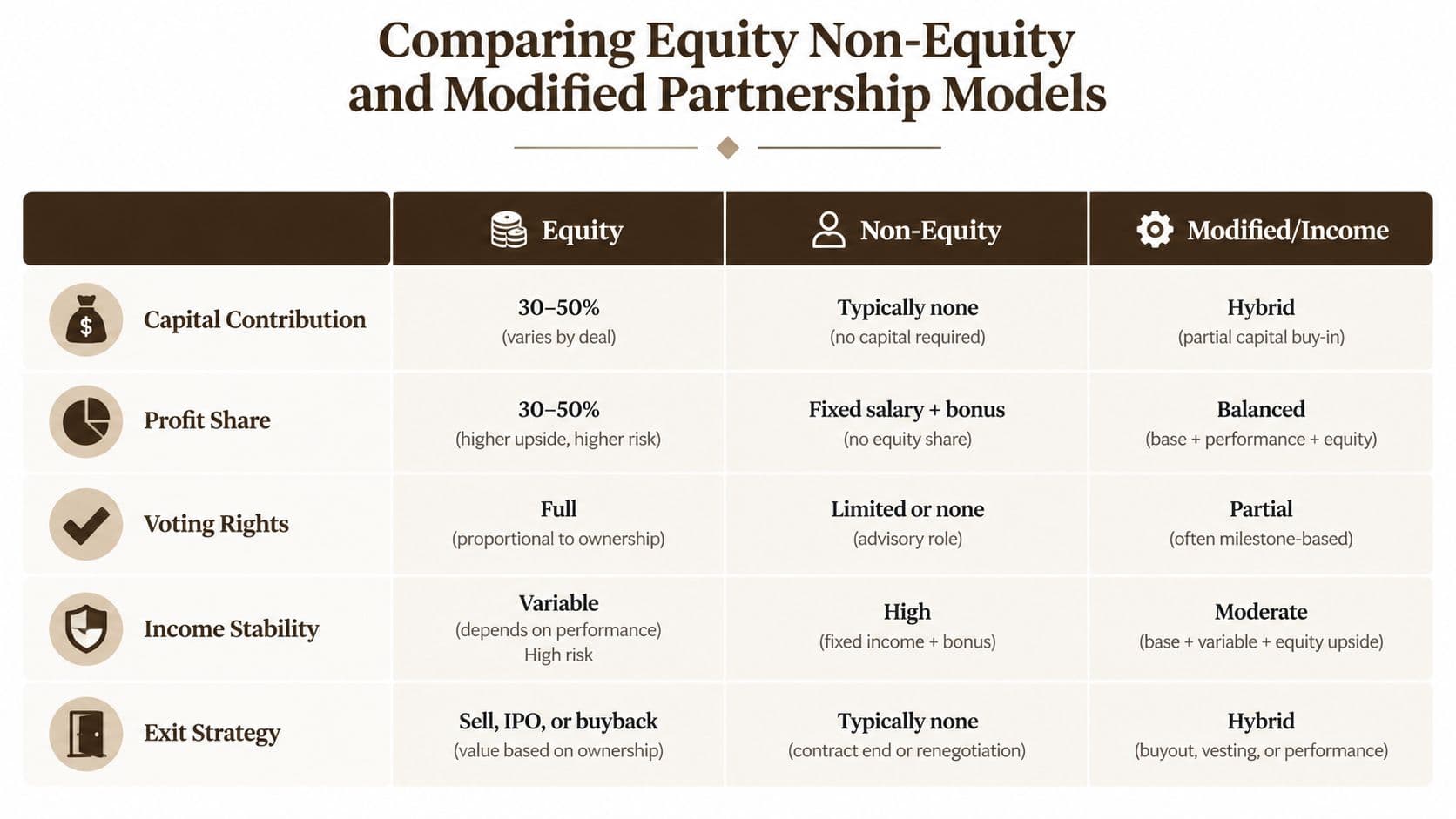 A comparison table outlining the key differences between equity, non-equity, and modified partnership models for professionals.