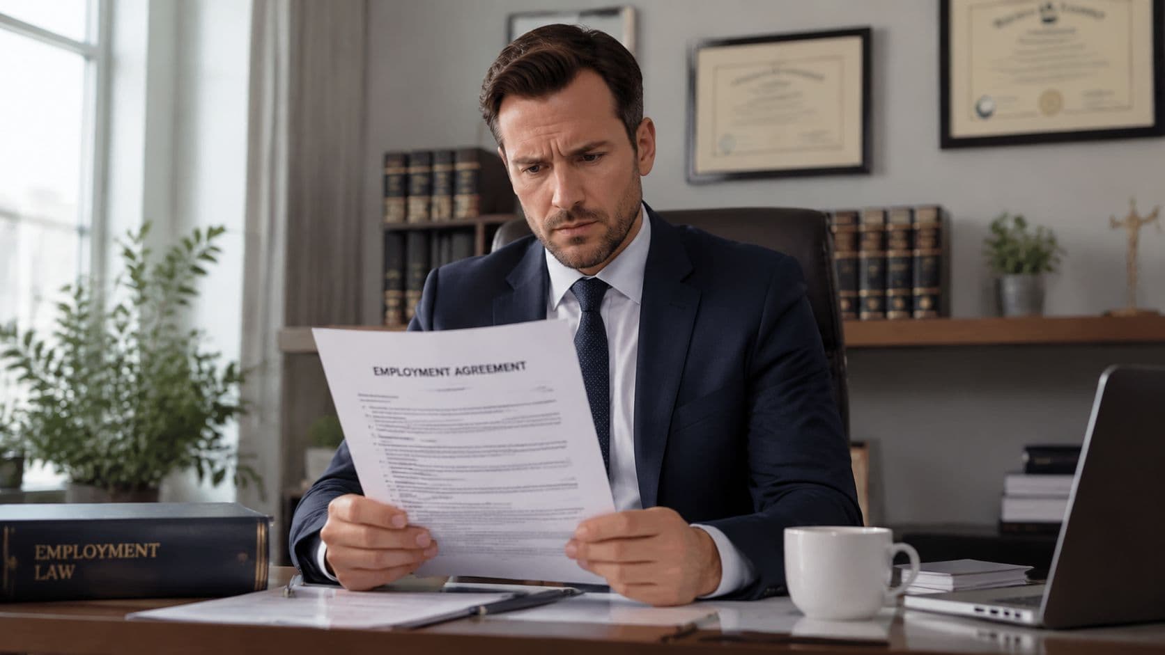 A professional man in a suit carefully reviewing an employment agreement document at his office desk.