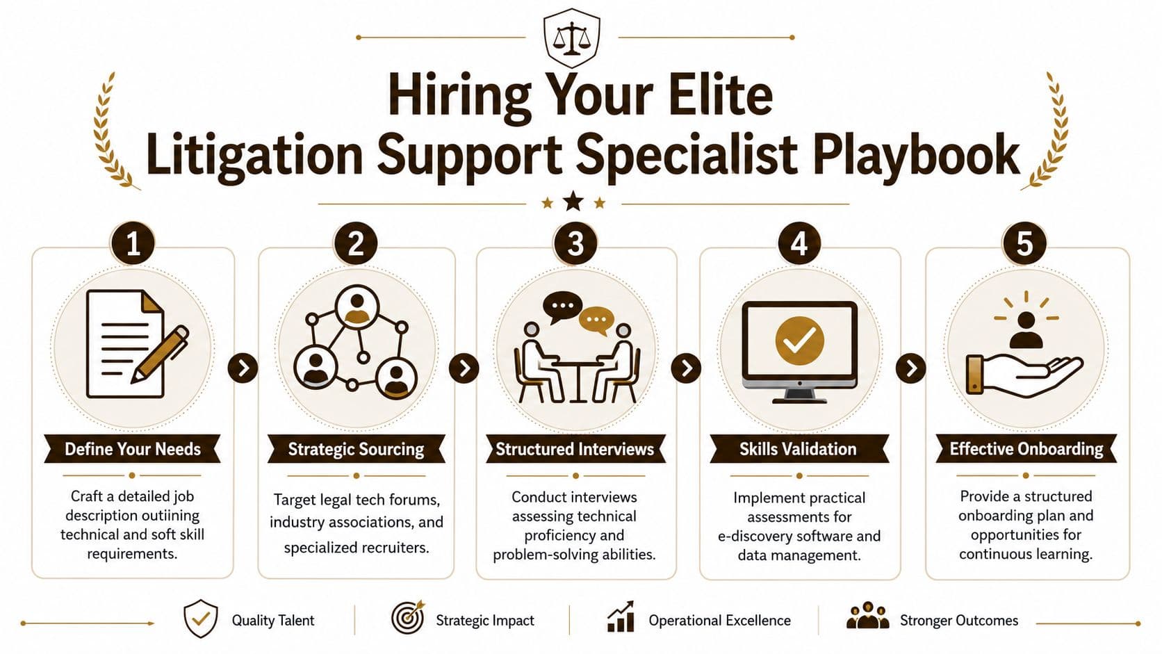 An infographic titled Hiring Your Elite Litigation Support Specialist Playbook outlining a five-step professional recruitment process.