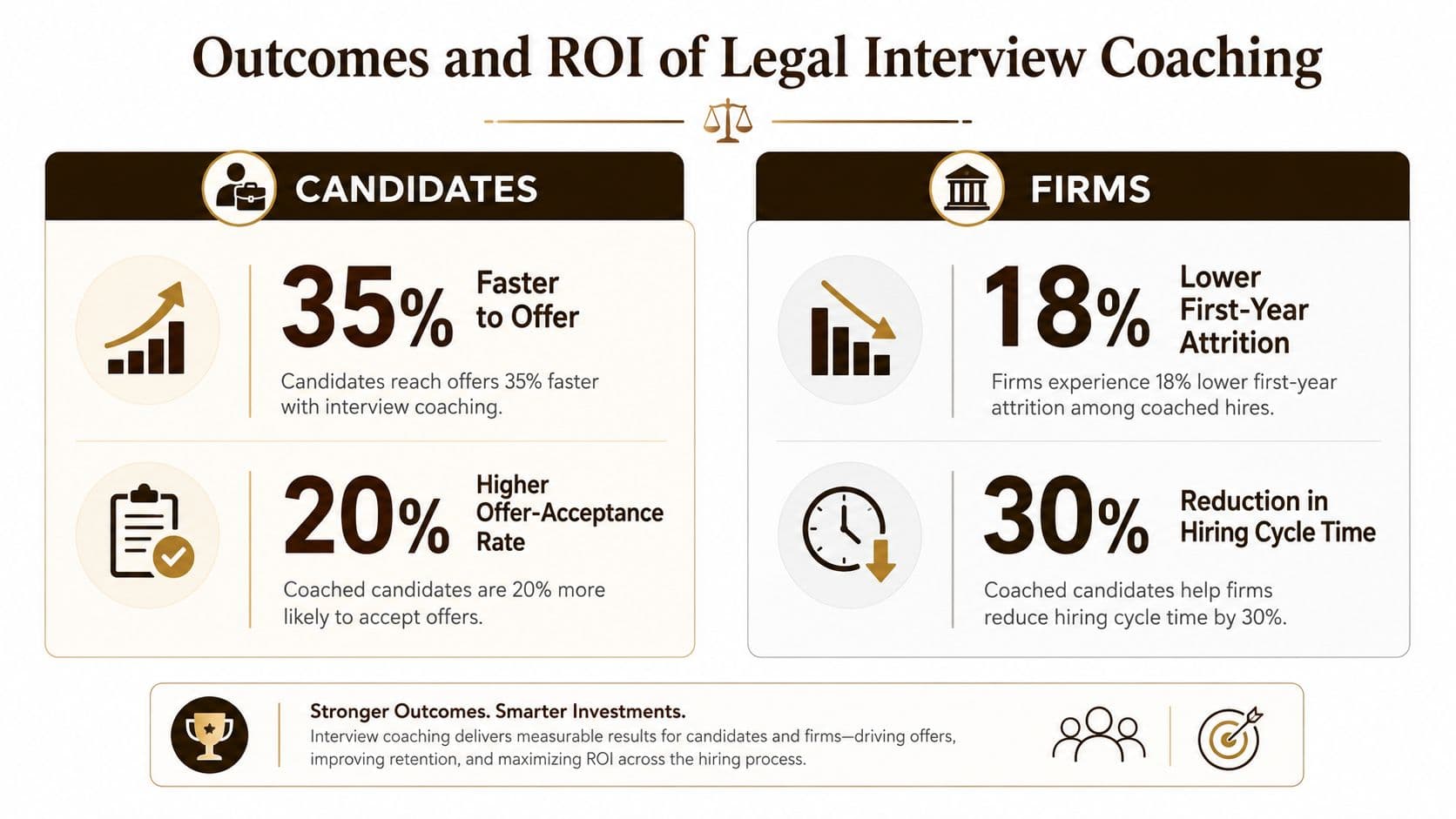 An infographic showing statistics on how legal interview coaching improves outcomes for job candidates and law firms.
