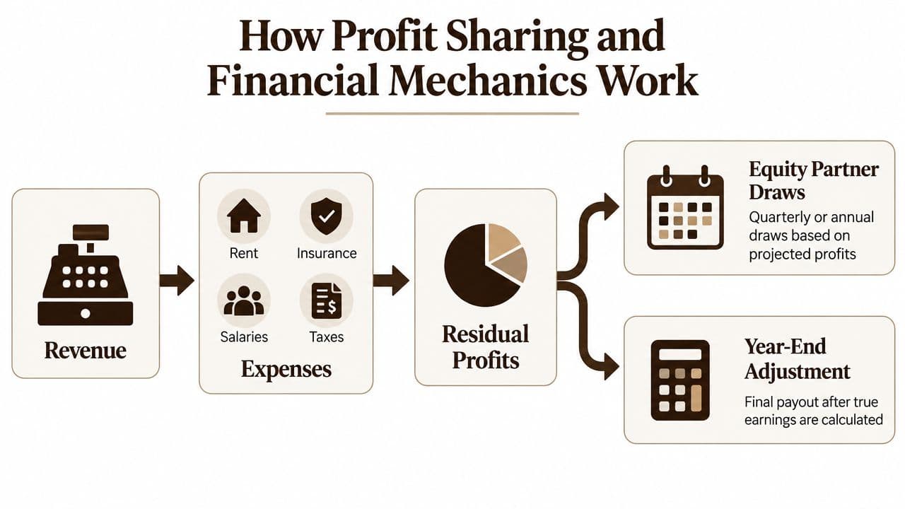 A diagram illustrating how business revenue is processed into residual profits, equity partner draws, and year-end adjustments.