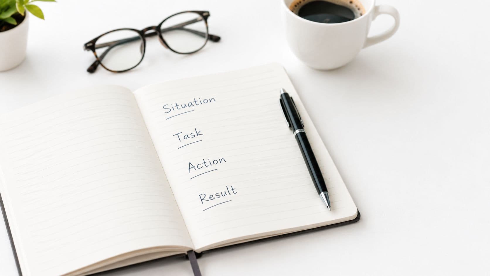 An open notebook on a white desk with the words Situation, Task, Action, and Result written inside.