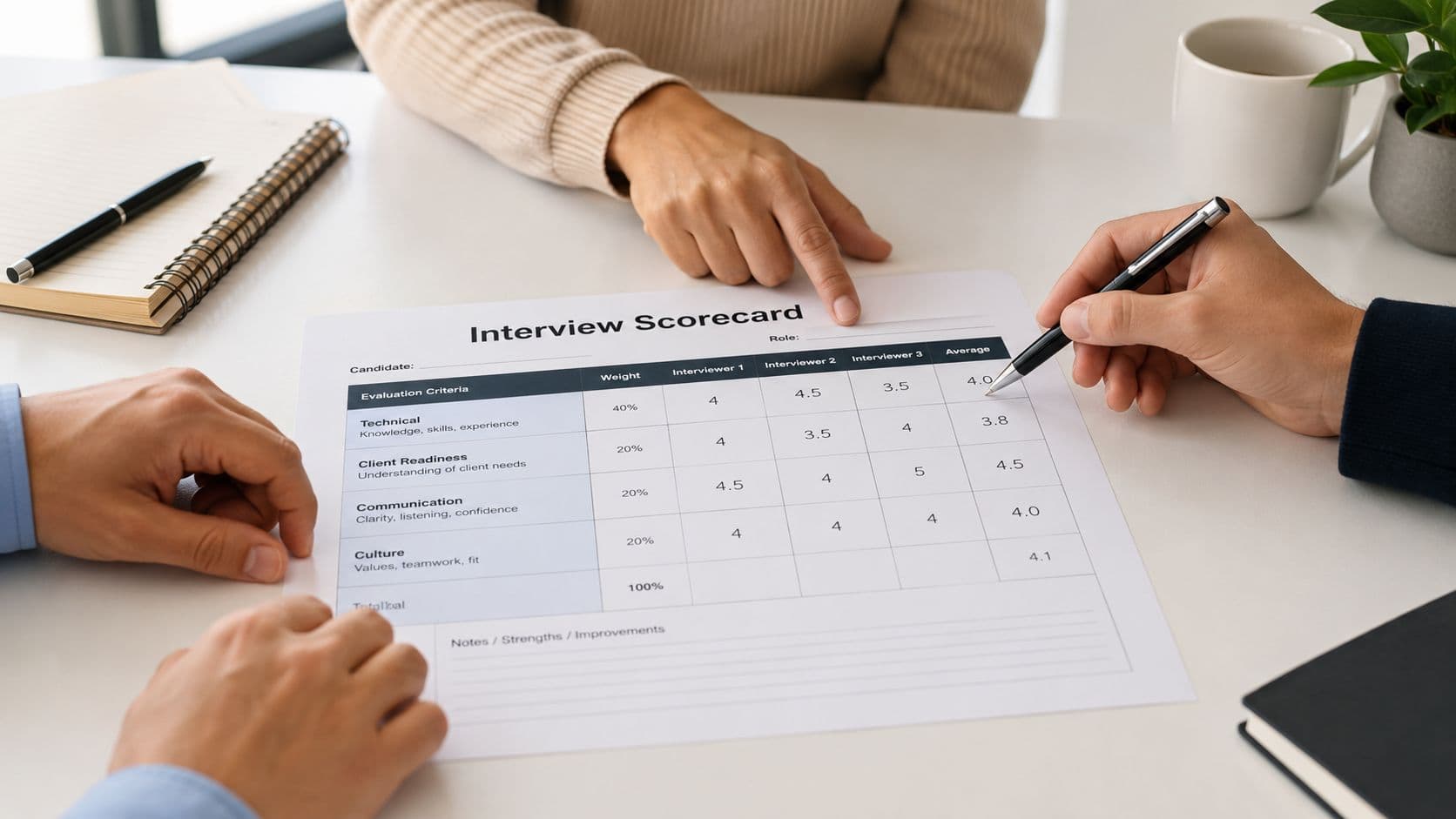 Two business professionals reviewing an interview scorecard document during a hiring process at a desk.