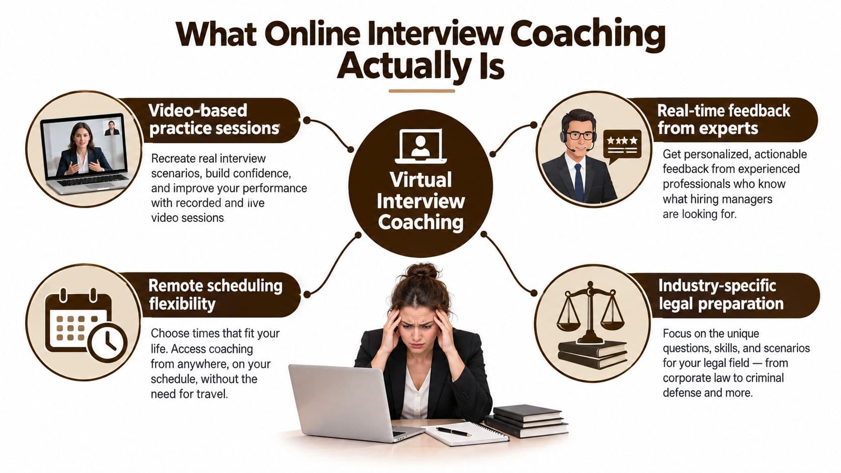 A diagram illustrating the benefits of online interview coaching with four key features for legal professionals.